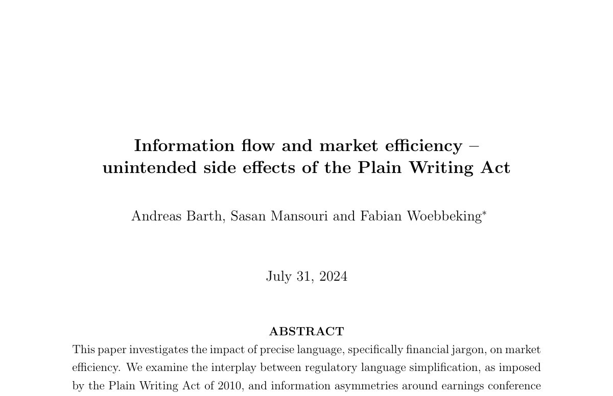 Titelseite des Papers „Information Flow and Market Efficiency: Unintended Side Effects of the Plain Writing Act“